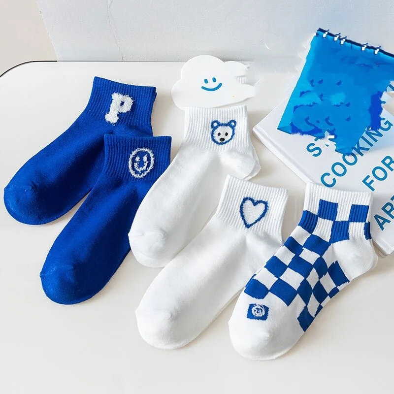 5 Pairs Of Klein Blue Womens Funny Cartoon Spring And Autumn Socks Harajuku Style Leisure Checked Boat Socks