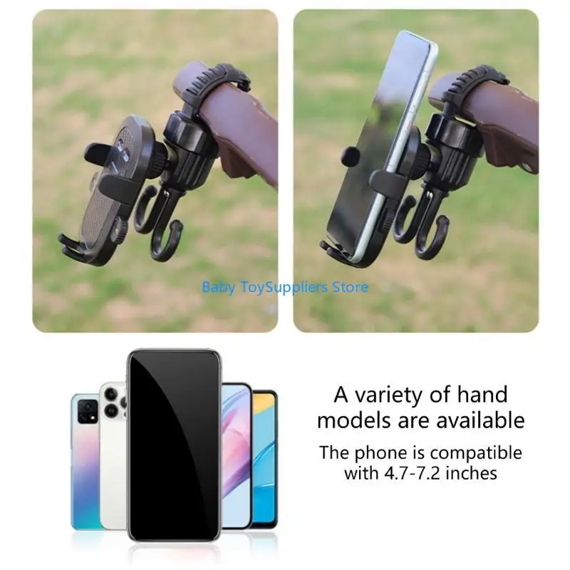 

R1WF Multipurpose Pram Hook Double Hanger Organsier Phone Stand Holder Clamp with Easy Clamping Strollers Attachment