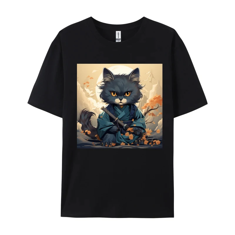 Fashionable Cute Anime Cat Samurai T-shirt Men Cotton Top T-shirts Retro Tops Tees Simple Casual Big And Tall T Shirts