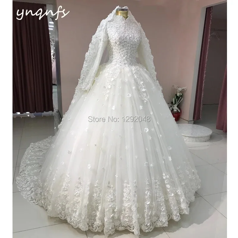 YNQNFS Robe de Mariee Princesse de Luxe Dubai 1 m LongTail Langarm 2025 Muslimisches Hochzeitskleid Ballkleid Brautjungfer MW27