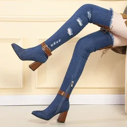 Women Denim Boots Over The Knee Pointed Toe Thick High Heels Shoes Autumn Belt Buckle Casual Jeans Lace Up Elastic Long Boots