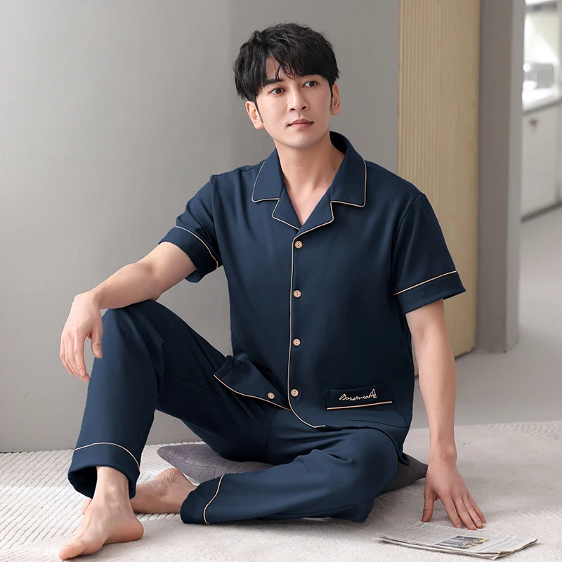 Summer Male Short Sleeve Shirt Pants Cotton Pajamas Suit Spring Men's Big Yards Sleep Leisure Tracksuit Homewear Pyjamas Sets7XL