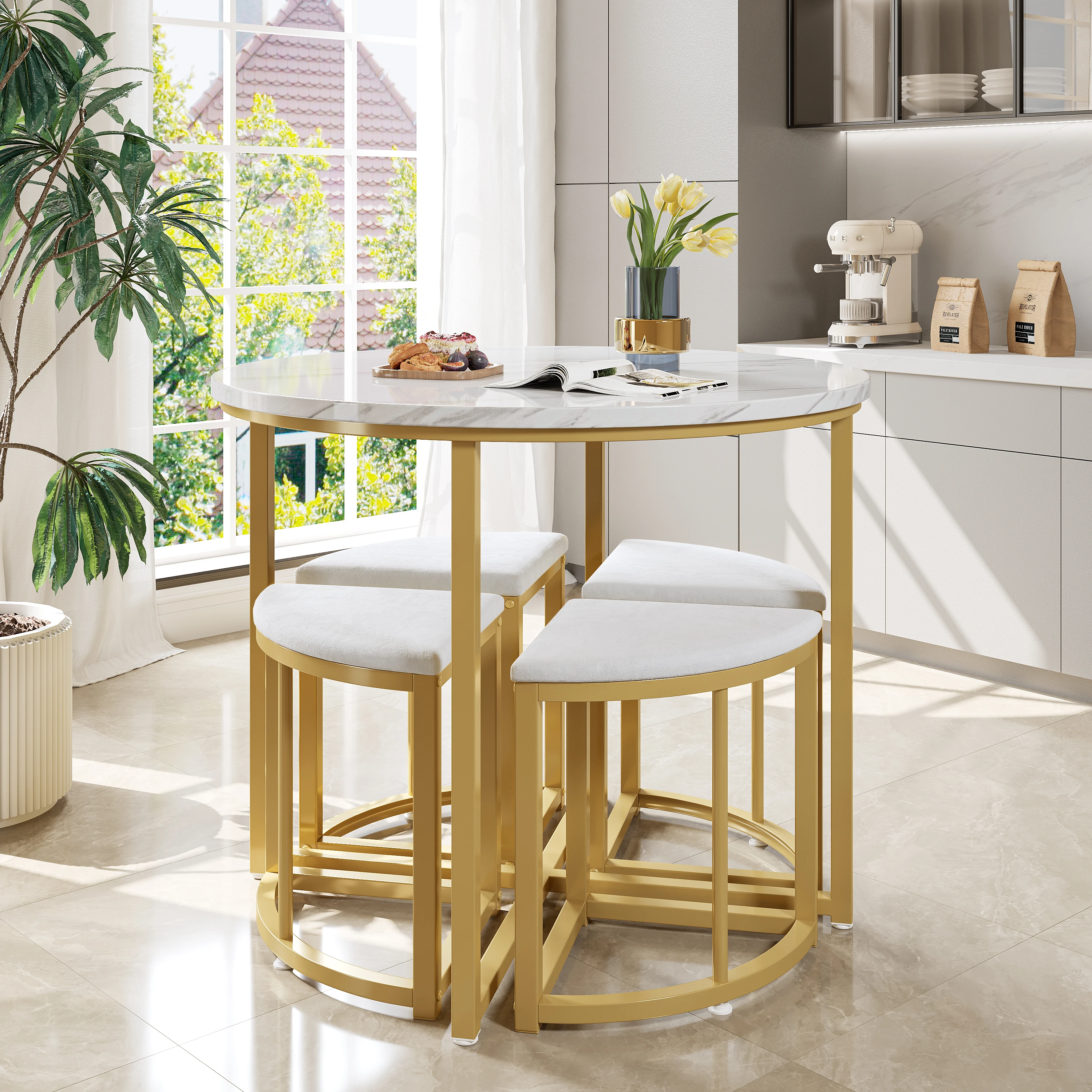 PINGGO Weißes Esstisch-Set mit 4 Samtstühlen, MDF-Tischplatte, vergoldeter Eisenrahmen, moderne Luxusmöbel für die Küche – Detail 1