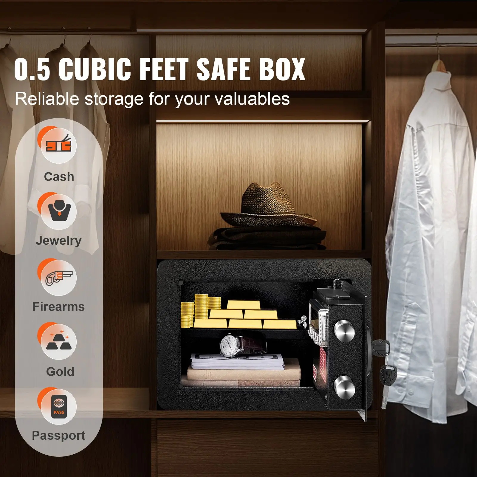 Safe, 0.5 Cubic Feet Home, Steel Security with Digital Keypad and 2 Keys, Wall-Mounted Cabinet Protect Cash, Gold, Jewelry