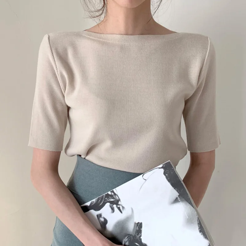 Chic Spring Simple Elegance round Ne Overhead Design Loose Versatile  Color ort Sve Knitted T-irt Korean Sle