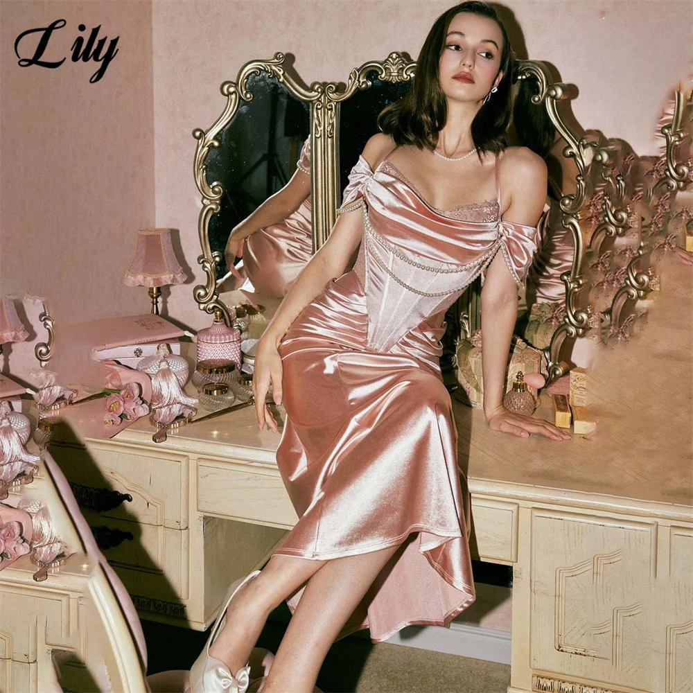 Gaun Pesta Lily Dusty Rose Model Off the Shoulder dengan Rantai Mutiara فساتين السهرة untuk Pernikahan yang Dapat Disesuaikan