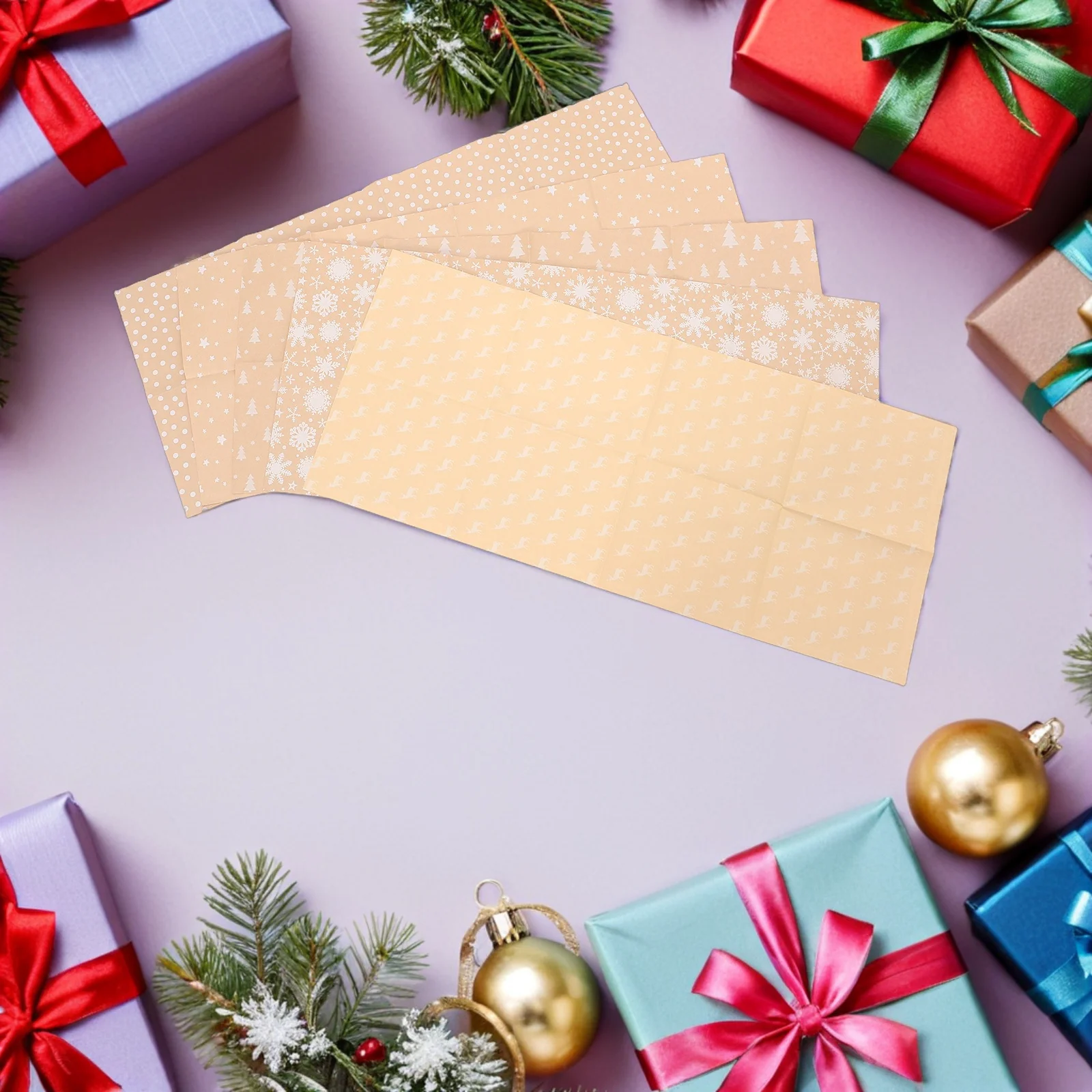 5Pcs Christmas Wrapping Paper Rolls Festive Design Durable Kraft Paper for Holiday Gifts and Parties Decorative Material