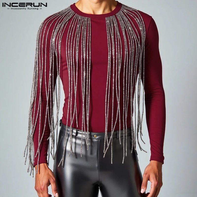 INCERUN Men T Shirt Tassel Patchwork Shiny O-neck Long Sleeve Male Tee Tops Streetwear Autumn 2025 Fashion Casual Men Clothing