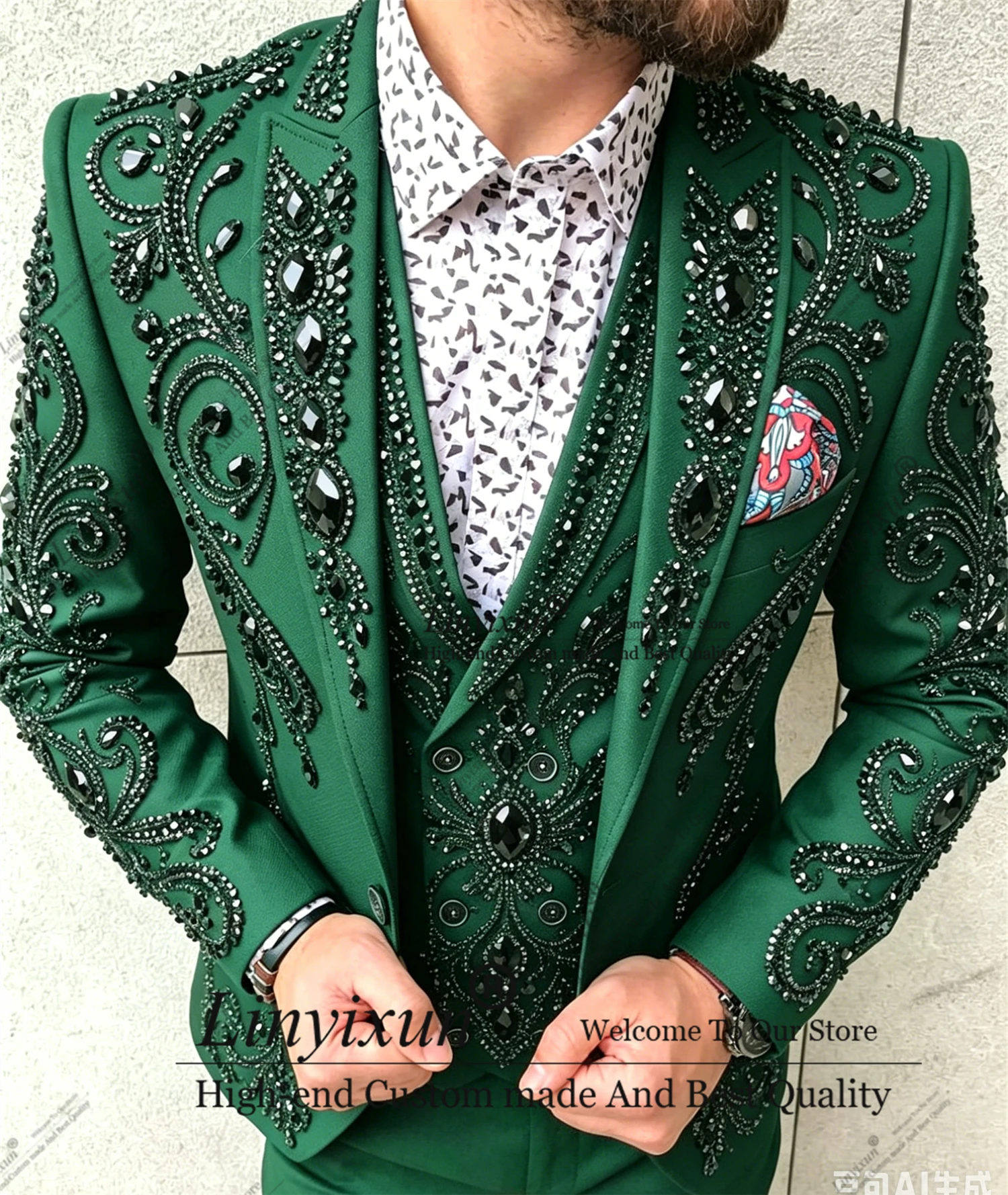 Handsome Beading Crystal  Men Suits Peaked Lapel Groom Tuxedos Party Prom Blazer Customized 3 Pieces men's suits and separates