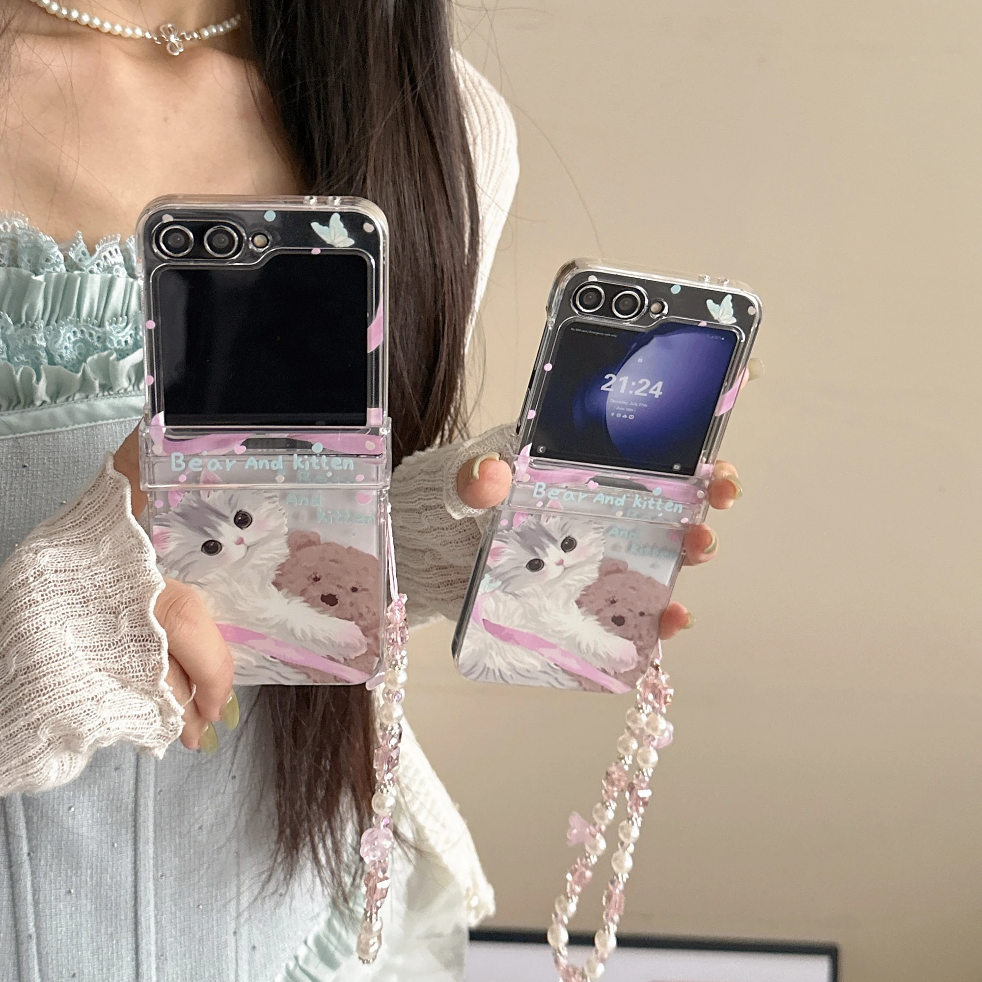Süße Katze Bär Muster klar Scharnier Fall für Samsung Galaxy Z Flip 3 4 5 6 7 ZFlip6 3-teiliges Set mit Kette schöne Rückseite Telefon Abdeckung
