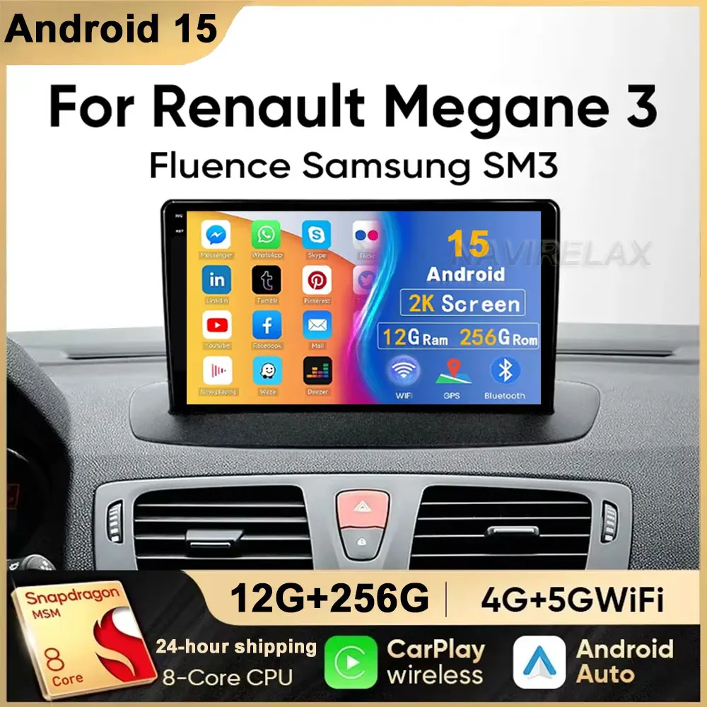 Автомобильный радиоприемник Android 15 WIFI + 4G для Renault Megane 3 Fluence Samsung SM3 2008-2014 Мультимедийный плеер DSP CarPlay GPS Стерео Авто