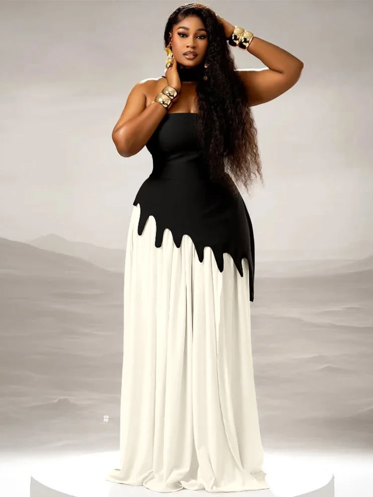 Nibber Elegant 3 Piece Set Woman Sexy Backless Irregular Corset Top+Solid Scarf+High Splits Ruched Skirt Contrast Patchwork Suit