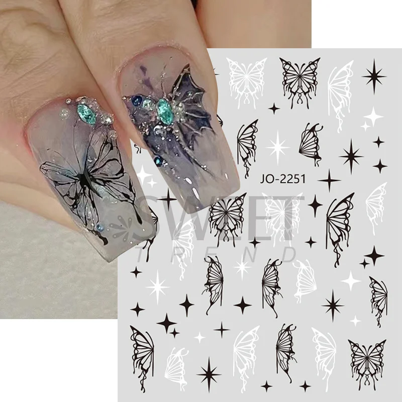 Laser Butterfly Silver Black Nail Art Sticker Hollow Y2K Nails Design Bronzing Star Moon Charms Adhesive Slider Manicure Decals