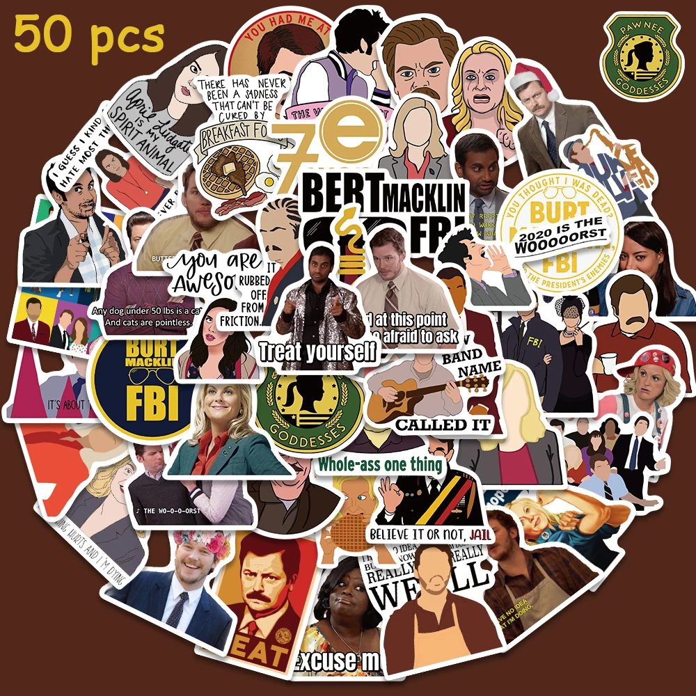 50pcs Parks and Recreation TV Show Stickers Graffiti Decals Laptop Luggage Guitar Fridge Skateboard Stationery Stickers