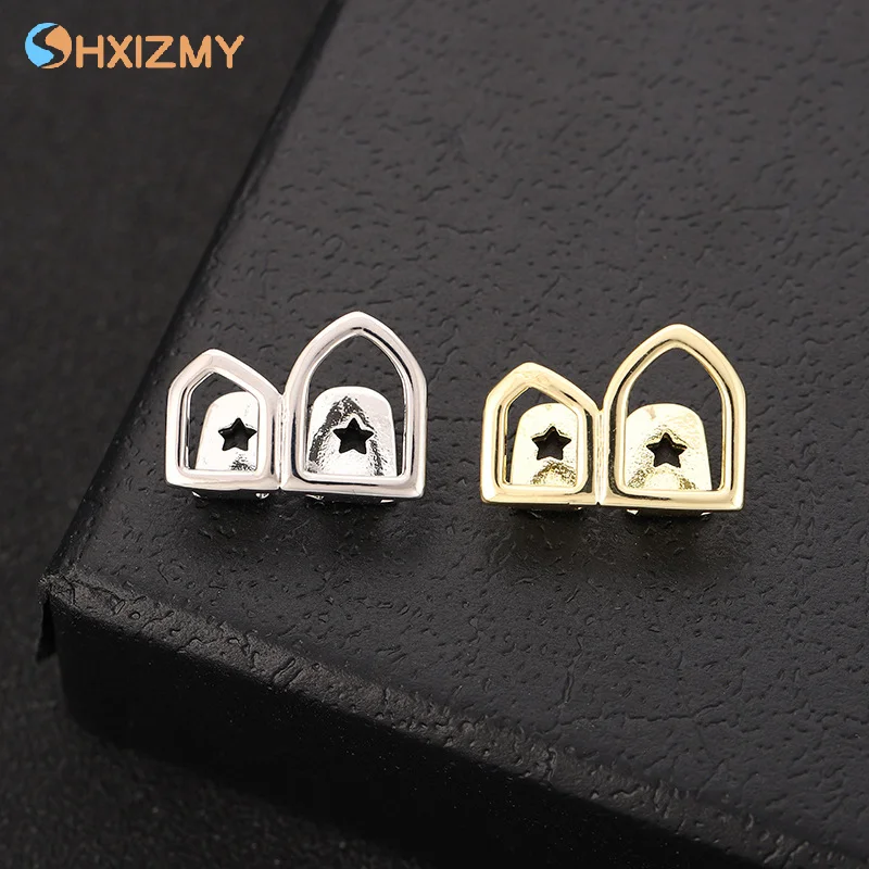 Fashionable Hip Hop Hollow Double Teeth Punk Plated Tooth Caps Star Love Braces Decoration Accessory For Women Men