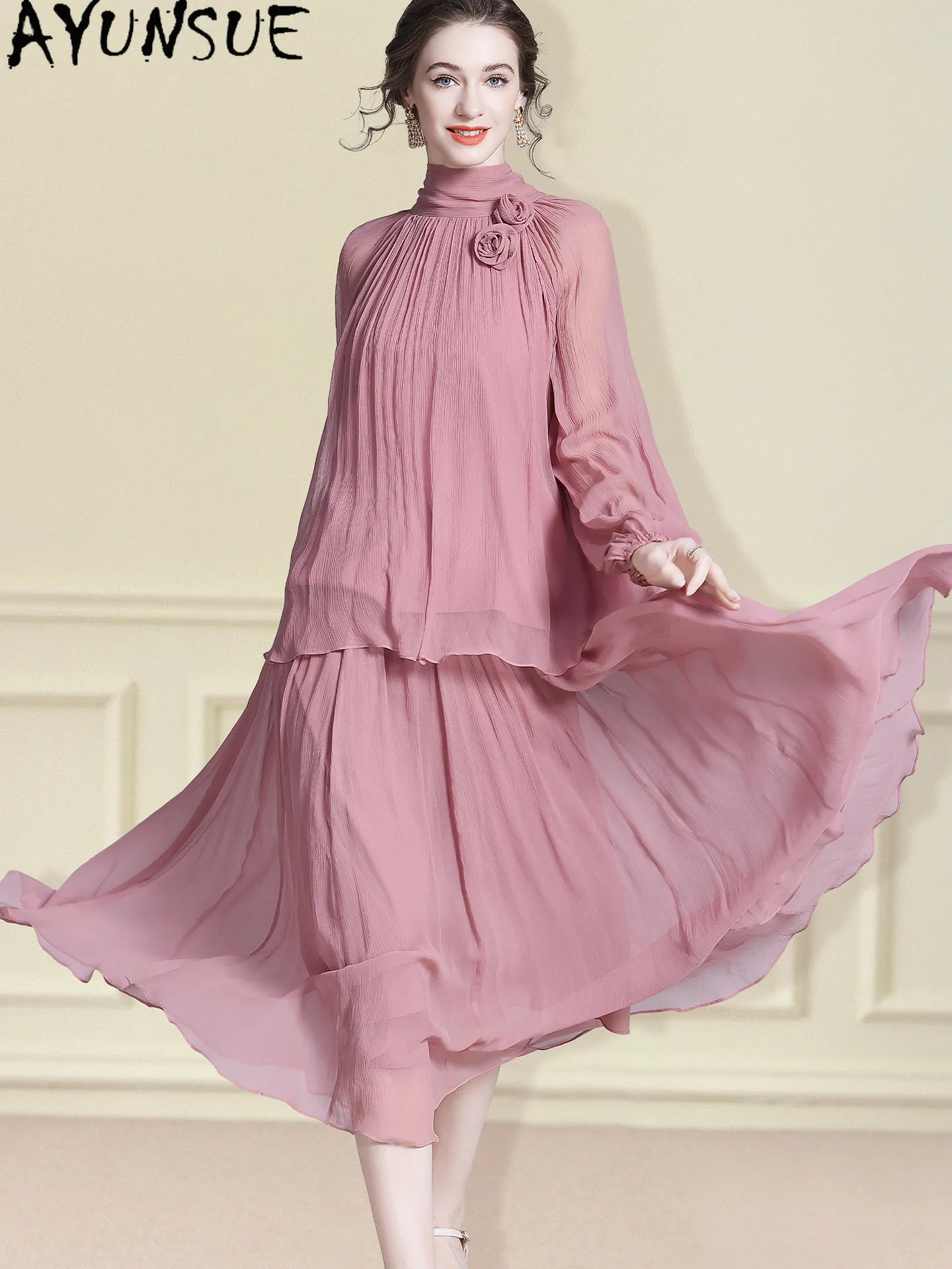 

AYUNSUE, комплекты платьев из 100% натурального шелка тутового шелкопряда, элегантные топы и юбки, французская модная летняя одежда, комплекты из двух предметов, женские наряды