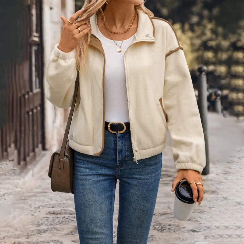 

Женская флисовая куртка с воротником-стойкой и контрастной отделкой, осень-зима 2026, новая, повседневный простой стиль, на молнии