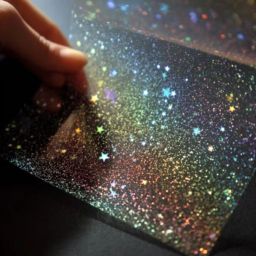 50 Stück Holographisches Aufkleberpapier 2,9 x 4,1 Zoll Klare Vinyl-Selbstklebende Wasserdichte Transparente Kaltlaminierfolie für Bastelarbeiten