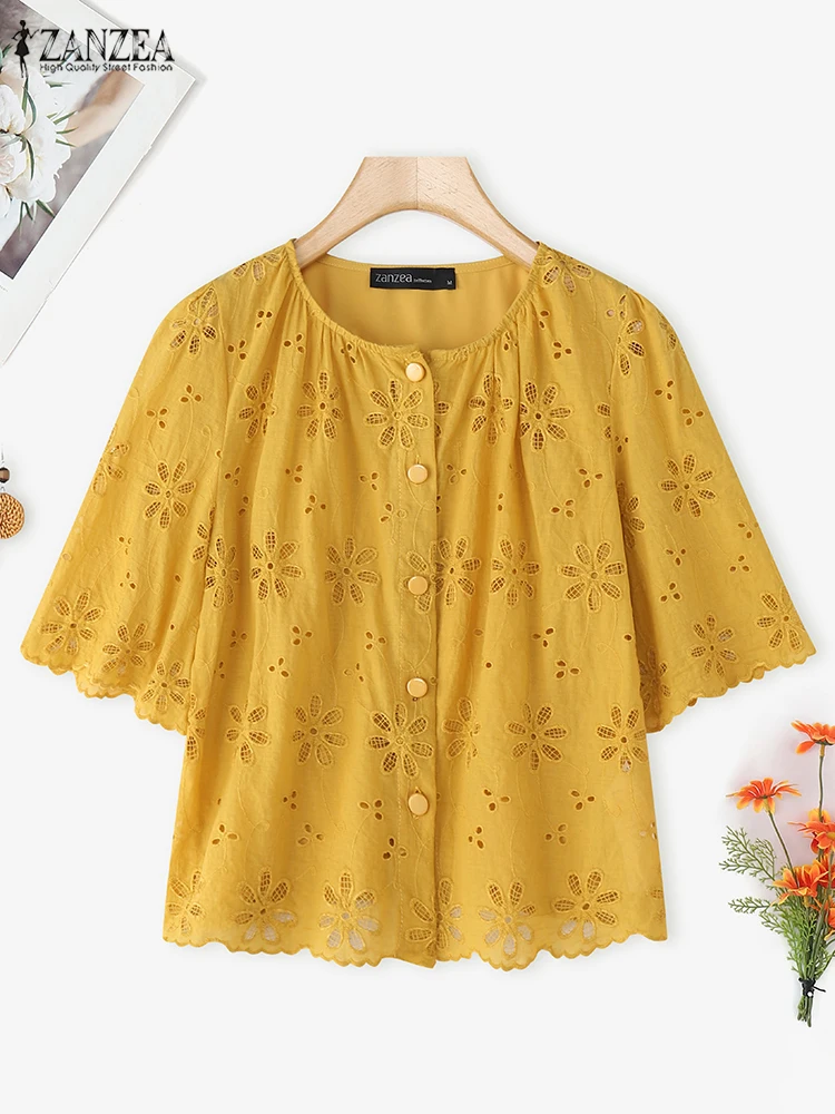 

ZANZEA Openwork Embroidered Women Blouses O-Neck Half Sleeve Button Up Lace Patchwork Solid Color Tops Stylish Commuting Clothes
