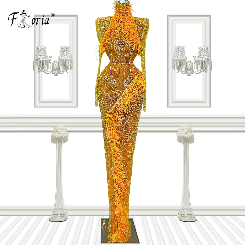 Feathers Orange Evening Dresses 2022 Luxury Arabic Dubai Mermaid Beads Women Evening Wear Celebrity Party Dress Long Prom Gown