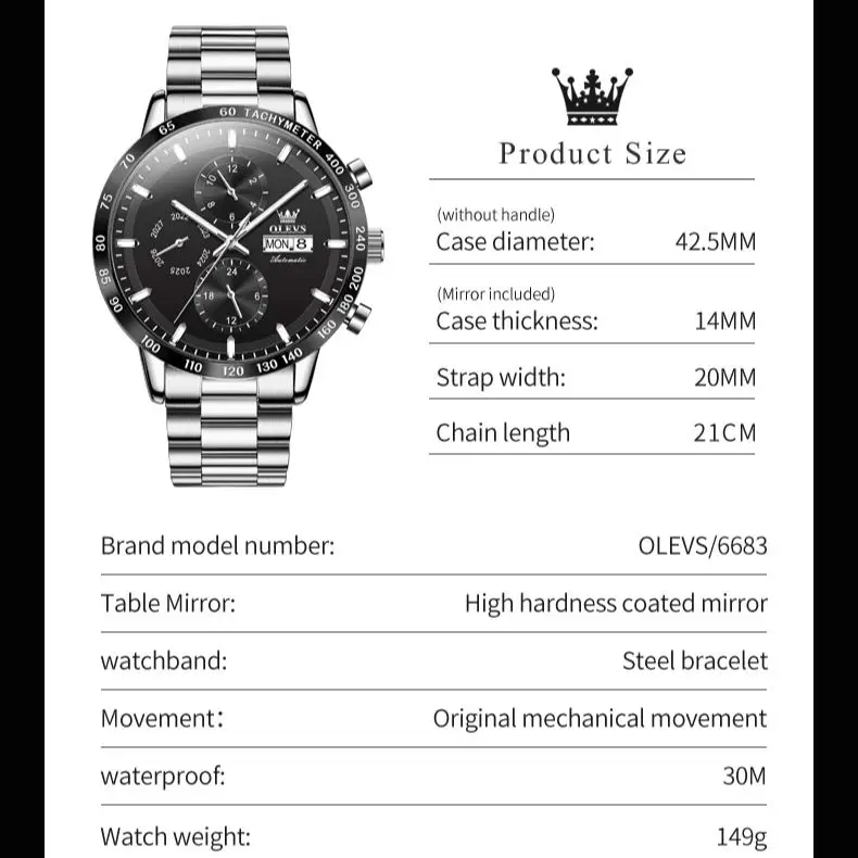 OLEVS 6683 Original Automatic Watch for Men Silvery Stainless steel Calendar Week Business Simplicity Men\'s Mechanical Watch