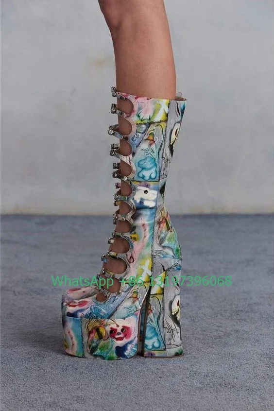 Thick Sole Print Graffiti design Hollow Calf Boots Side Zipper Rough Square Heel Pole Dance Super Heel Sexy Boots Size Footwear