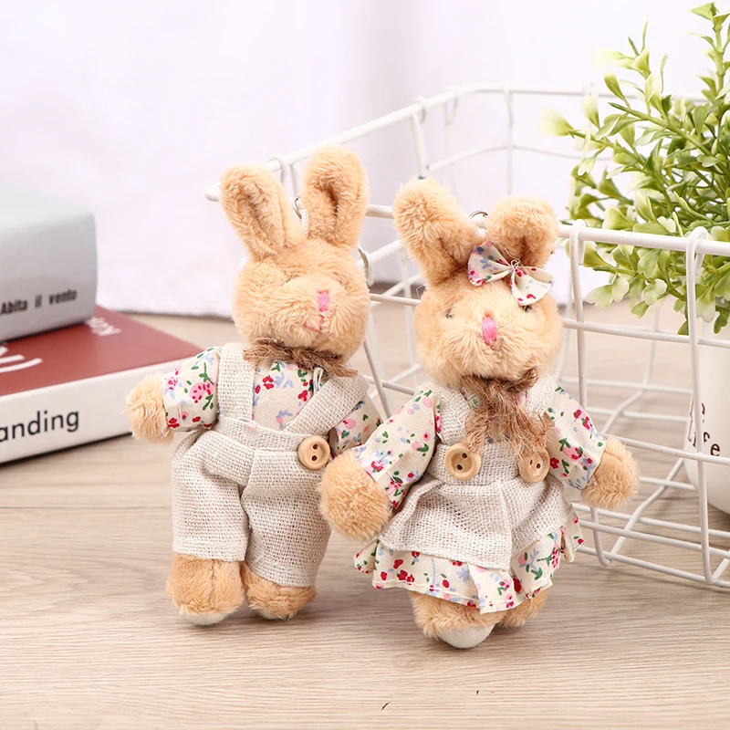 Bear Rabbits Stuffed Rabbit Bunny Cute Girls Country Style Linen Bear Rabbit Keychain Women Couple Bag Pendant Toy