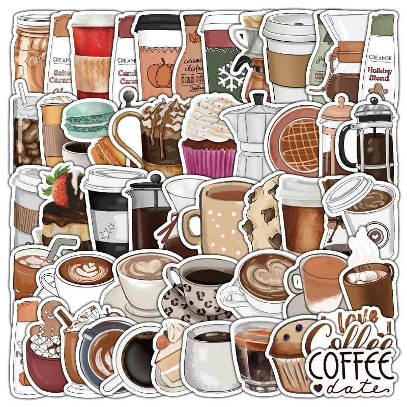 50pcs Coffee Stickers, Water Cup Computer Refrigerator Skateboard Decoration Stickers Waterproof Creative Notebook Handbook