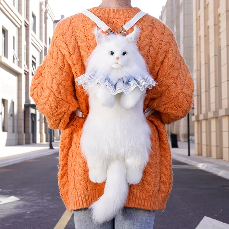Sac à dos chat Maine blanc fait à la main, Animal en peluche chaton, cadeau à la mode pour femmes et enfants, décor Lolita d'anniversaire
