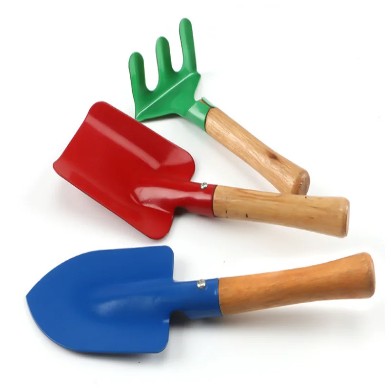 Piutouyar 3 Pack Metal Garden Tool Set, Mini Colorful Beach Tool for Kids, Shovels/Rake/Trowel/Fork Children Beach Sand Tools with Wooden Handle