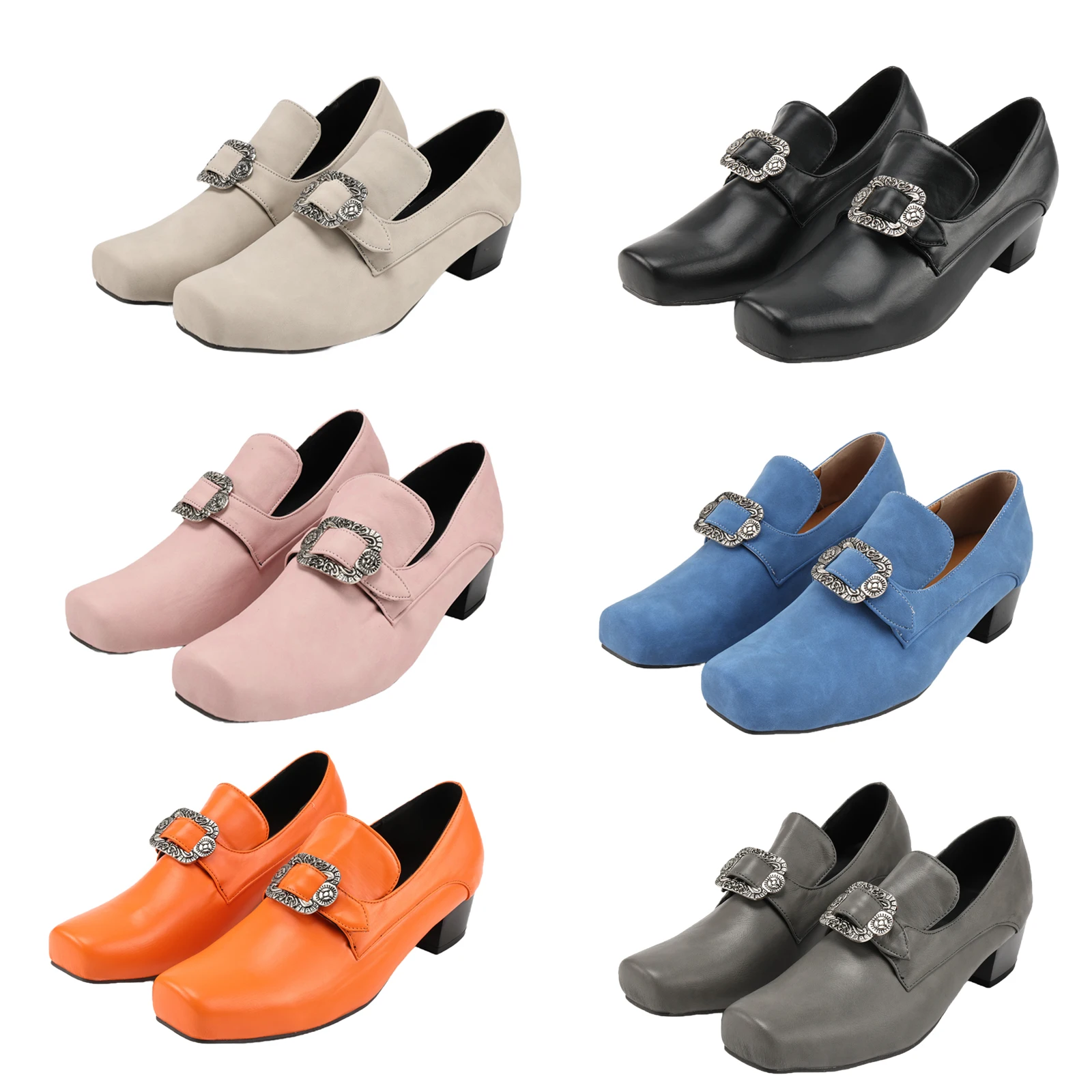 

Medieval Victorian Formal Shoes with Retro Carved Metal Buckle Design Mid Heeled Shoes Square Toe Casual Loafers