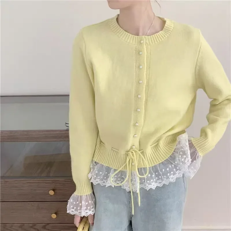 

spring autumn Short Cardigan jacket Loose Crew Neck Mesh splicing fake two pieces Knitted Sweater korean casual Sweaters Women