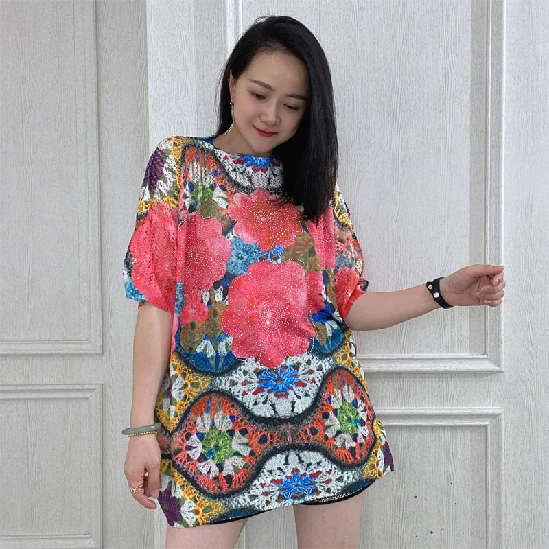 Women's Luxury Printed Diamond Knitted T-shirts, Loose Casual Floral Tops, Ladies Summer Clothes, Korean Fashion image 4