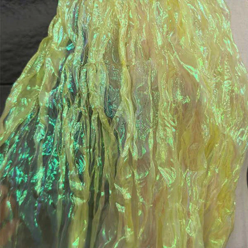 Colorful Pleated Laser Gradient Organza Fabric Wave Decoration Handmade DIY Clothing Fashion Mesh Fabric Mermaid Texture Cloth view 2