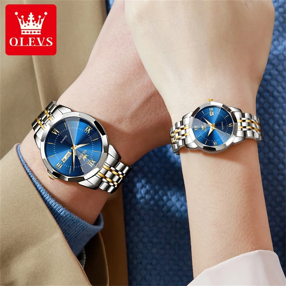 OLEVS 9989 Luxury Top Brand Quartz Couple Watches Roman Scale Calendar Watch For Men Women Waterproof Stainless Steel Wristwatch