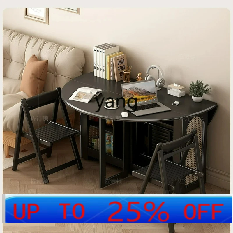LTT retractable round dining table and chairs new high-end atmospheric light luxury solid wood rock slab deformation folding