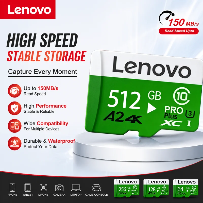 Cartão de Memória de Alta Velocidade Lenovo 512GB 128GB Classe 10 A2 Micro TF SD Card 256GB Dropshipping para 360 °   Kits de Acessórios para Câmeras de Vídeo