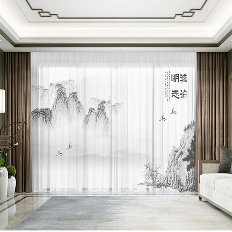 Custom Chiffon Sheer Curtain Window Drape for Bedroom Living Room Mountain Hills River Boat Trees Landscape