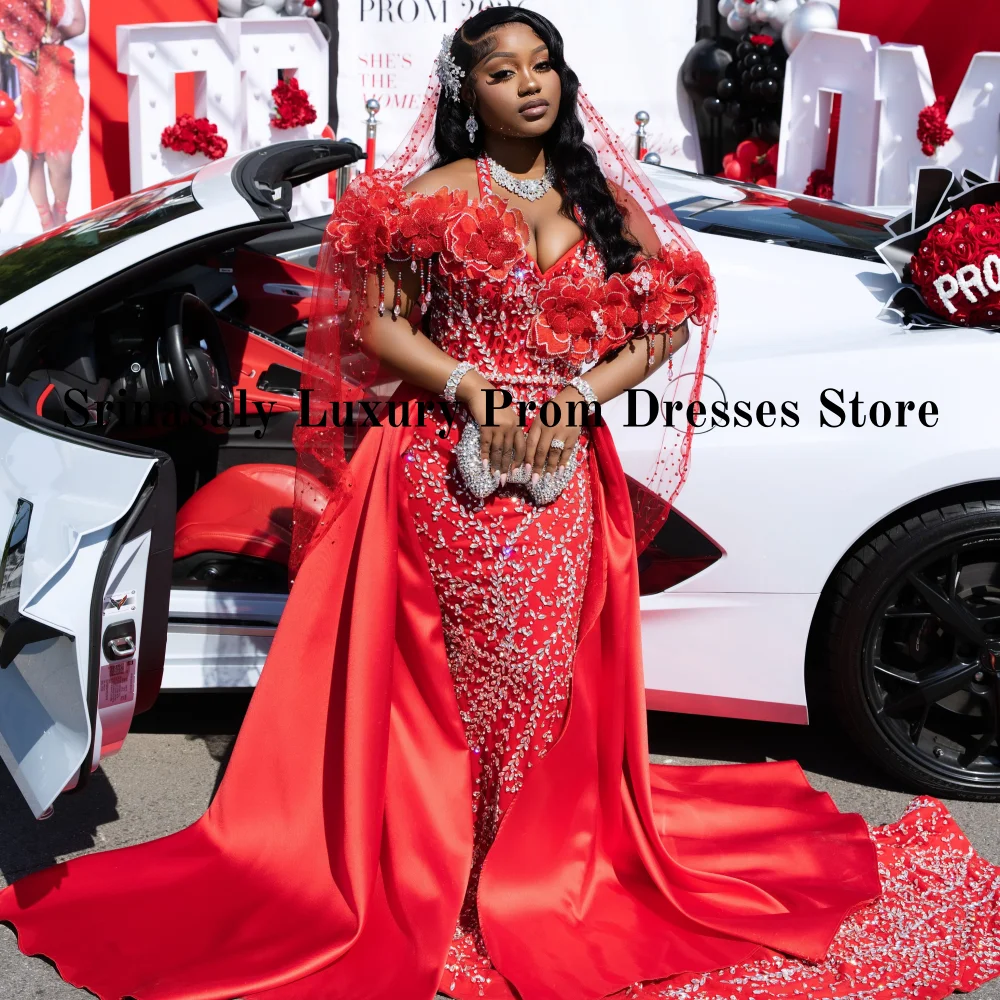 Handmade Applique Off The Shoulder Prom Dresses Luxury Crystal Sequin Evening Dresses African Sexy Mermaid Party Gown Customized