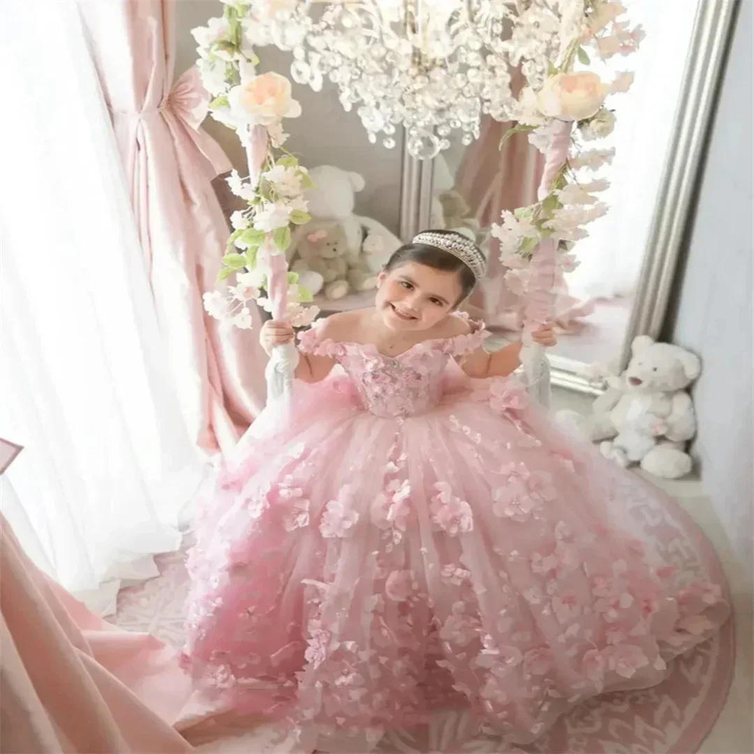 Vestido de princesa para niñas, apliques de encaje, vestido de niña de flores para bodas, niños pequeños, vestido de primera comunión con hombros descubiertos, hecho a medida