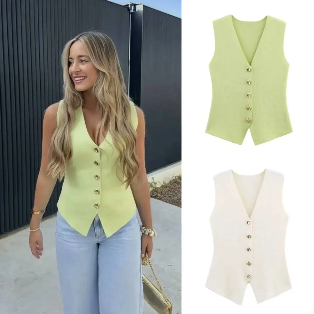 

2025 New Women's Elegant Fashion All-Match V-Neck Sleeveless Vest Jacket Knitted Waistcoat