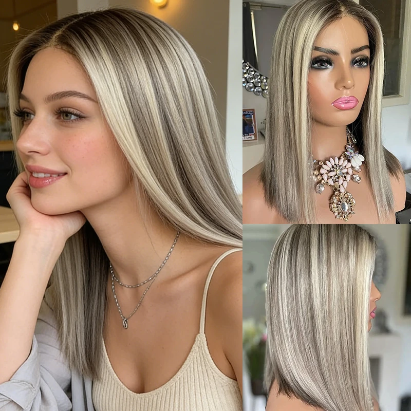 

Short Straight Bob 13x4 Ombre Ash Blonde Synthetic HD Lace Front Wig Natural Preplucked Hairline Natural Density Wig Middle Part