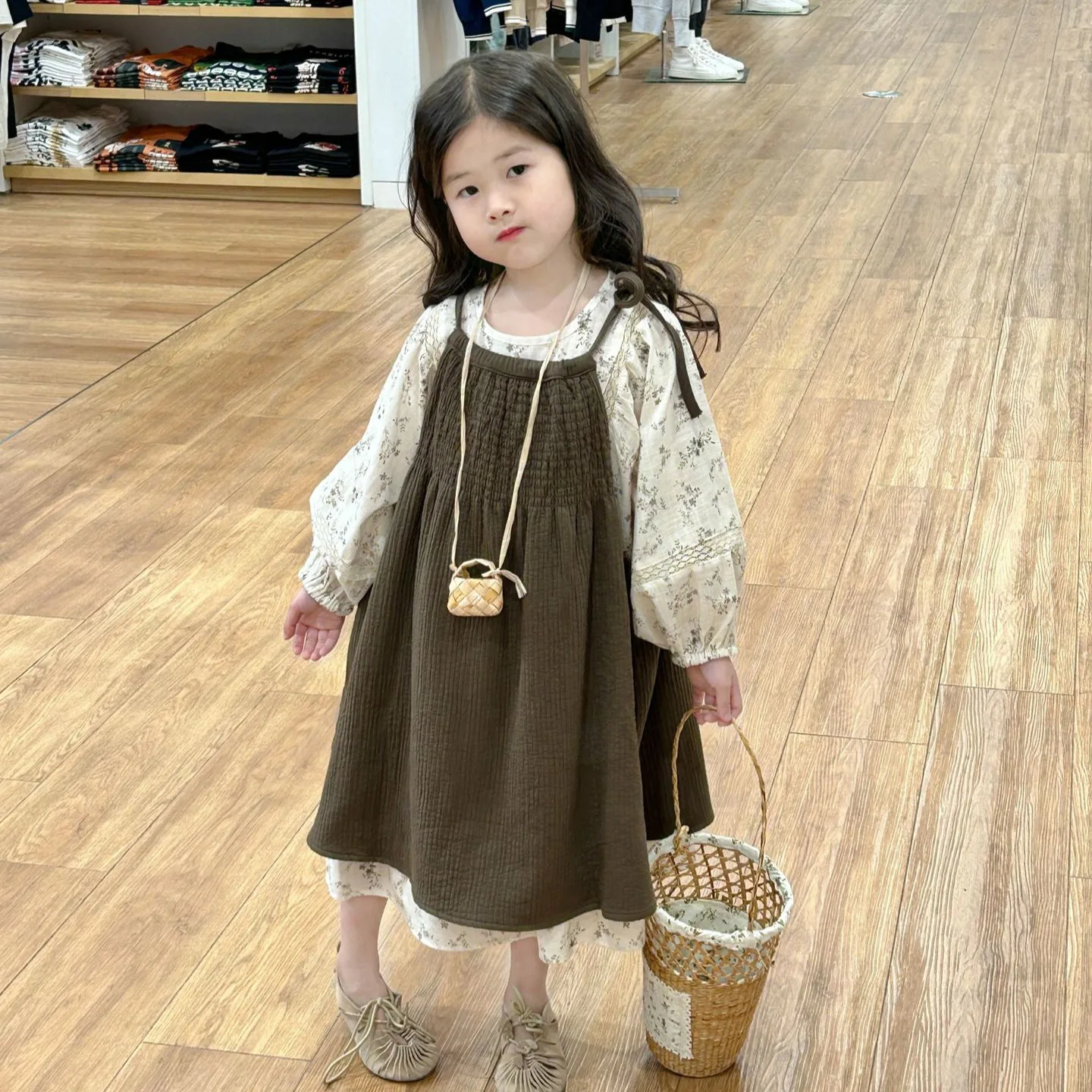 Girls Casual Dresses Autumn New Childrens Clothing Korean Broken Flowers Long Dress Puff Sleeve Cotton 2024 Loose