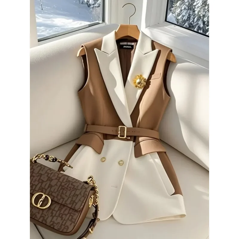 Spring Summer Jacket Vest Color Block Coffee Sleeveless Blazers Waistcoat Retro Female Outerwear All-match Fashion Office Lady