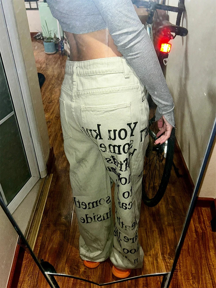 

American Style Graffiti Lettering Jeans Men's High Street Hiphop Loose Straight Casual Workwear Trousers mid High Waist