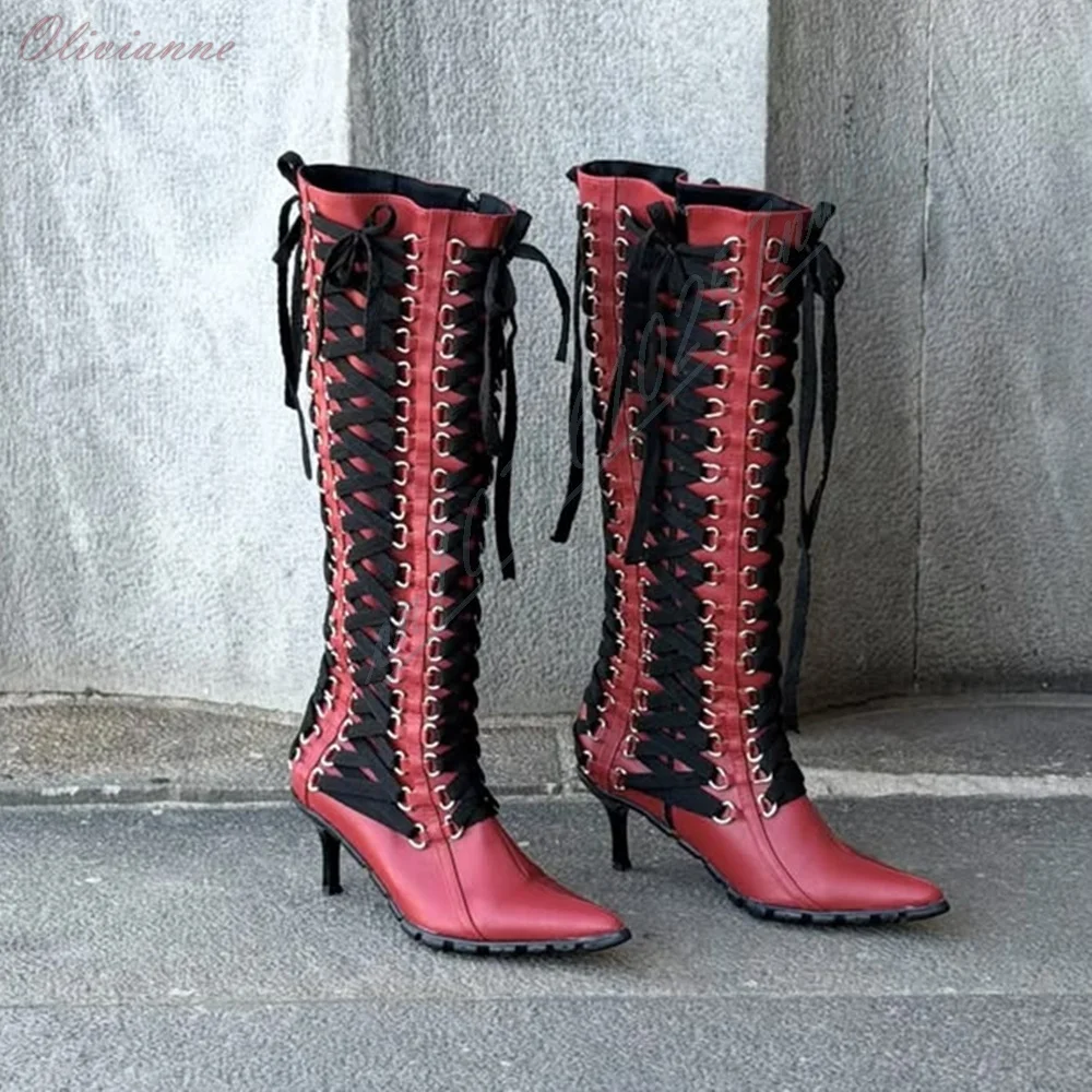 

Red Strappy Lace-up Mid Calf Boots Metal Round Rings Decor Stiletto High Heel Pointed Toe Fashion Sexy Women Shoes 2026 New