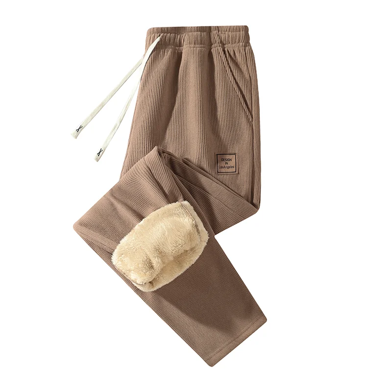 Men's Fleece Lined Corduroy Wide Leg Pants Winter Warm Thick Drawstring Straight Trousers Casual Loose Baggy Sweatpants Streetwe