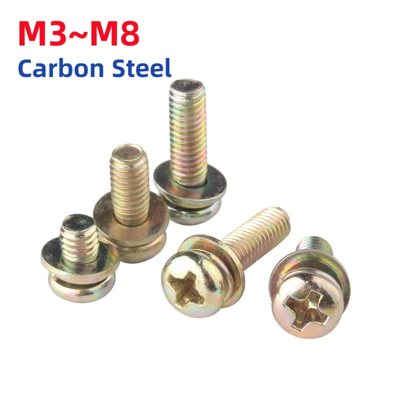 M3 M4 M5 M6 M8 Color Zinc Carbon Steel Round Head Phillips Pan Head Screw Bolt With Flat Washers Spring