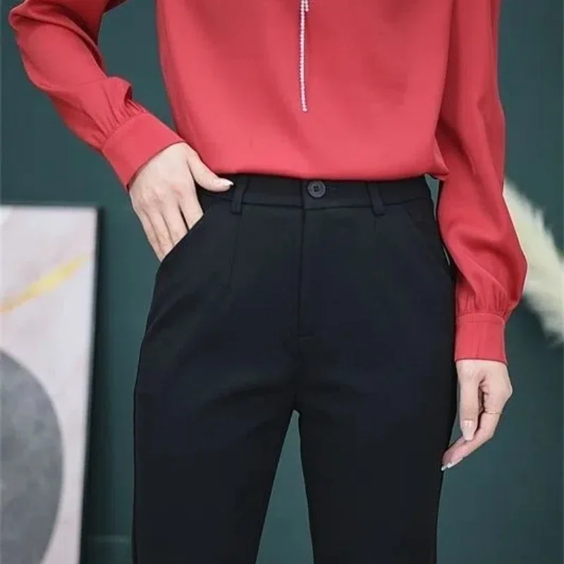 Button Zipper Pockets Solid Color Women's Clothing High Waisted Pencil Trousers Commuter Straight All-match Trendy Casual Pants