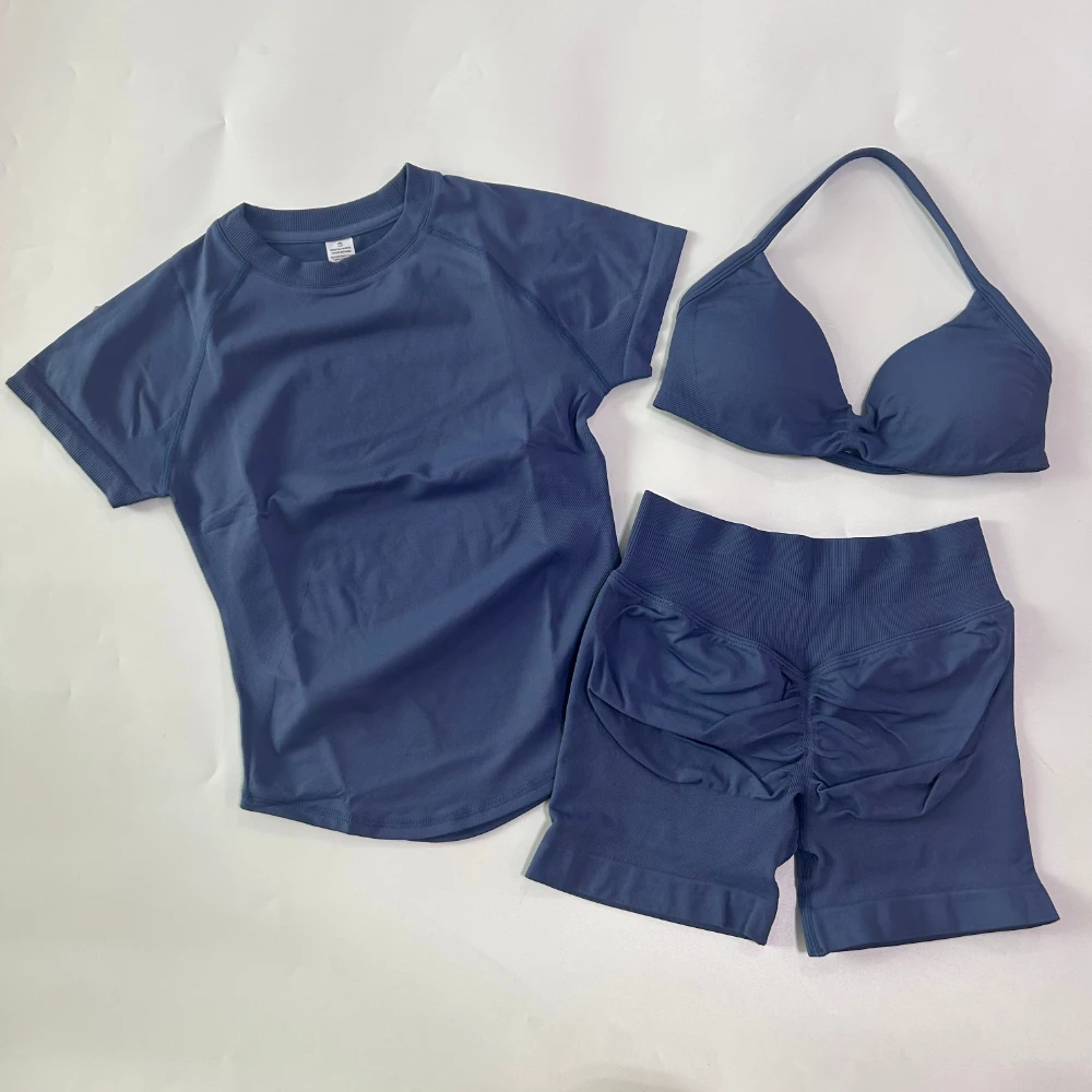 3-teiliges Workout-Set für Damen: Sport-BH mit Trägern + Sport-Top mit langen Ärmeln + Yoga-Shorts, Sportanzug, Yoga-Kleidung, Fitness-Outfit – Detail 20